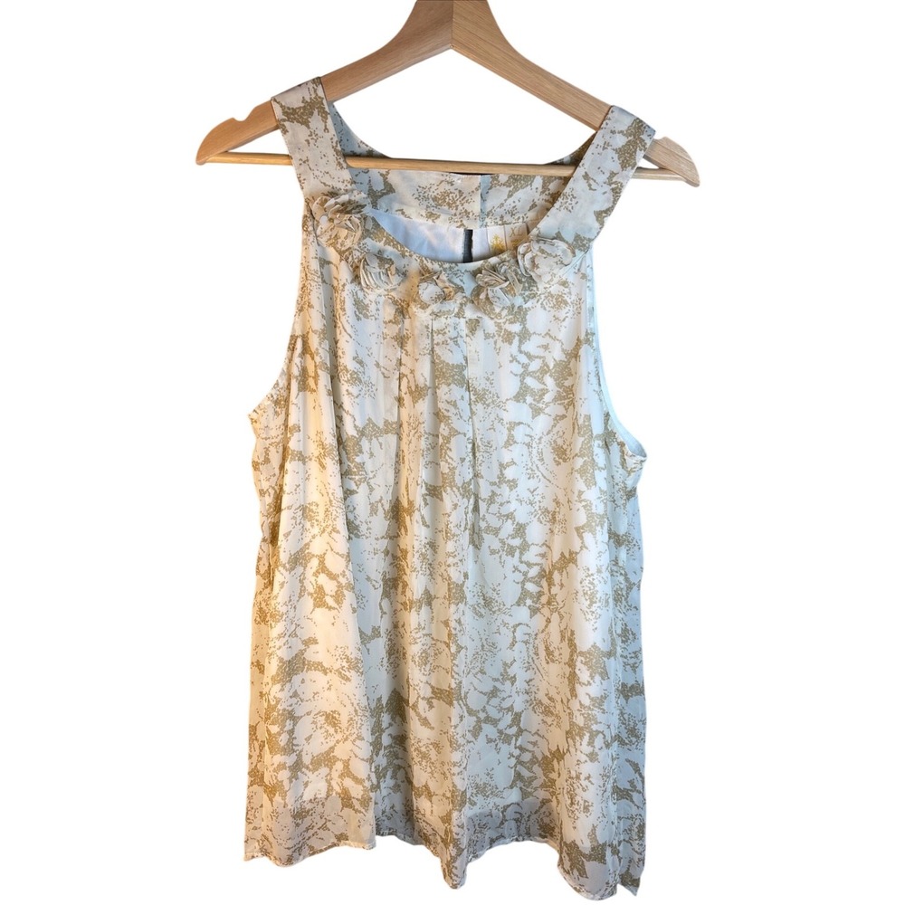 Adiva Blouse Womens XL Tan White Polyester Chiffon Rosette Floral Chic Top